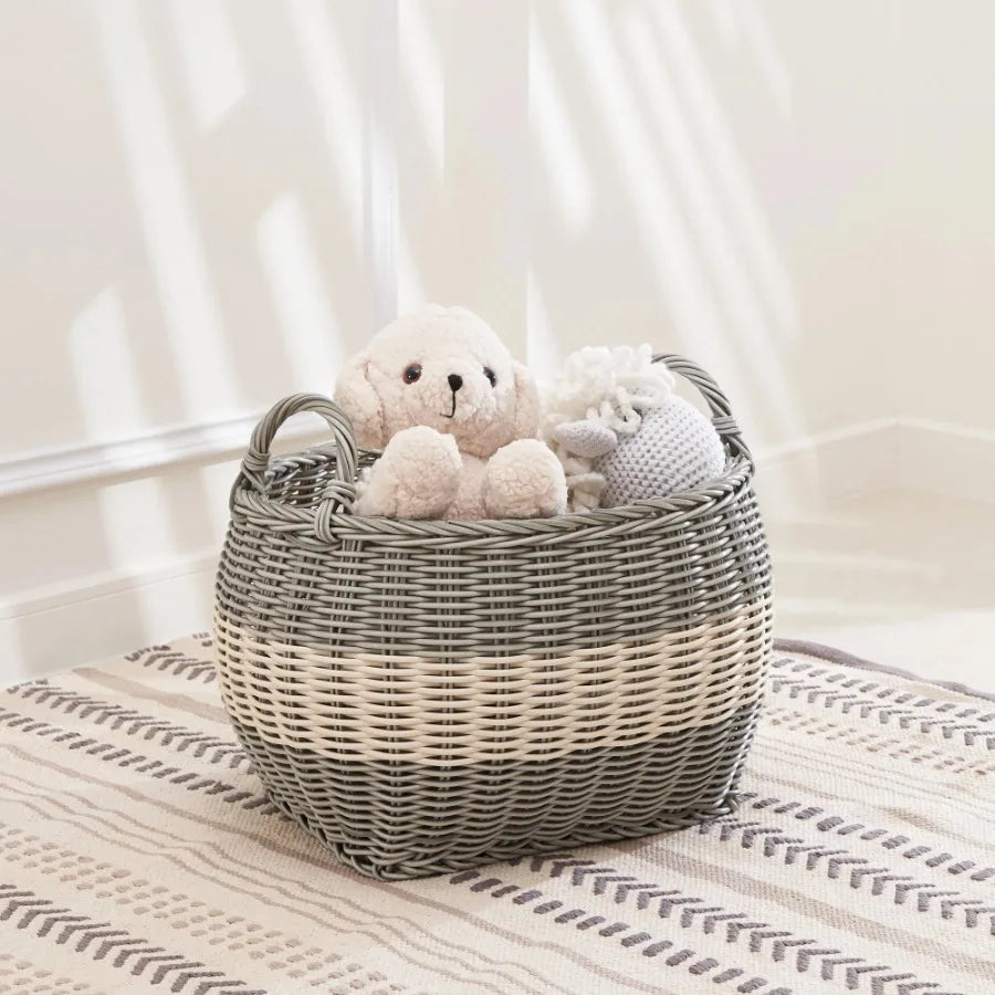 Zita Oval Resin Woven Wicker Multi Use Storage Basket with Handles 18 Inch x 15 Inch x 15 Inch White Gray for Towels Toys Magazines