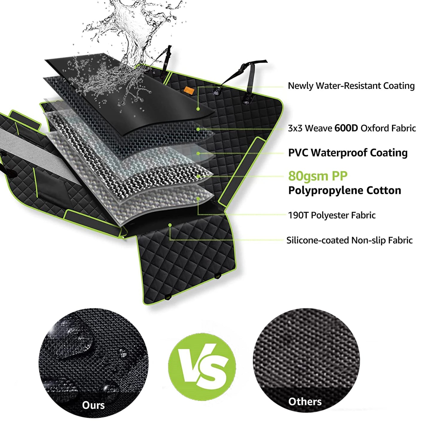 6 in 1 Dog Rear Seat Car Cushion Waterproof and Stain Resistant Removable and Machine Washable Green Black