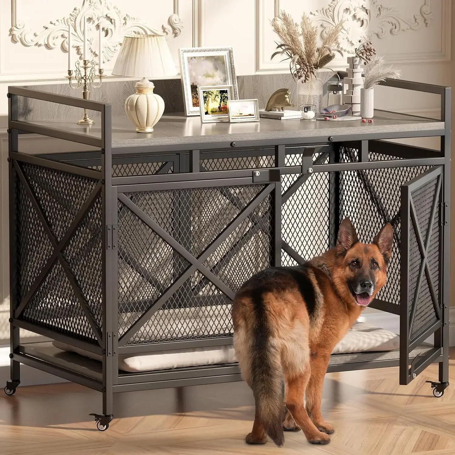 Large Dog Crate Furniture 48 Inch Heavy Duty Kennel Wheels