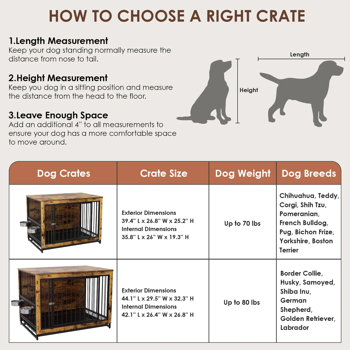 Wooden Dog Crate Furniture With 360 Rotatable Removable Bowls End Table Tray Double Doors Kennels For Medium Indoor Dogs