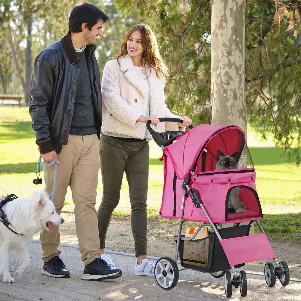 Foldable Carrier Strolling Cart 4 Wheel Pet Stroller, for Cat, Dog w/ Cup Holder