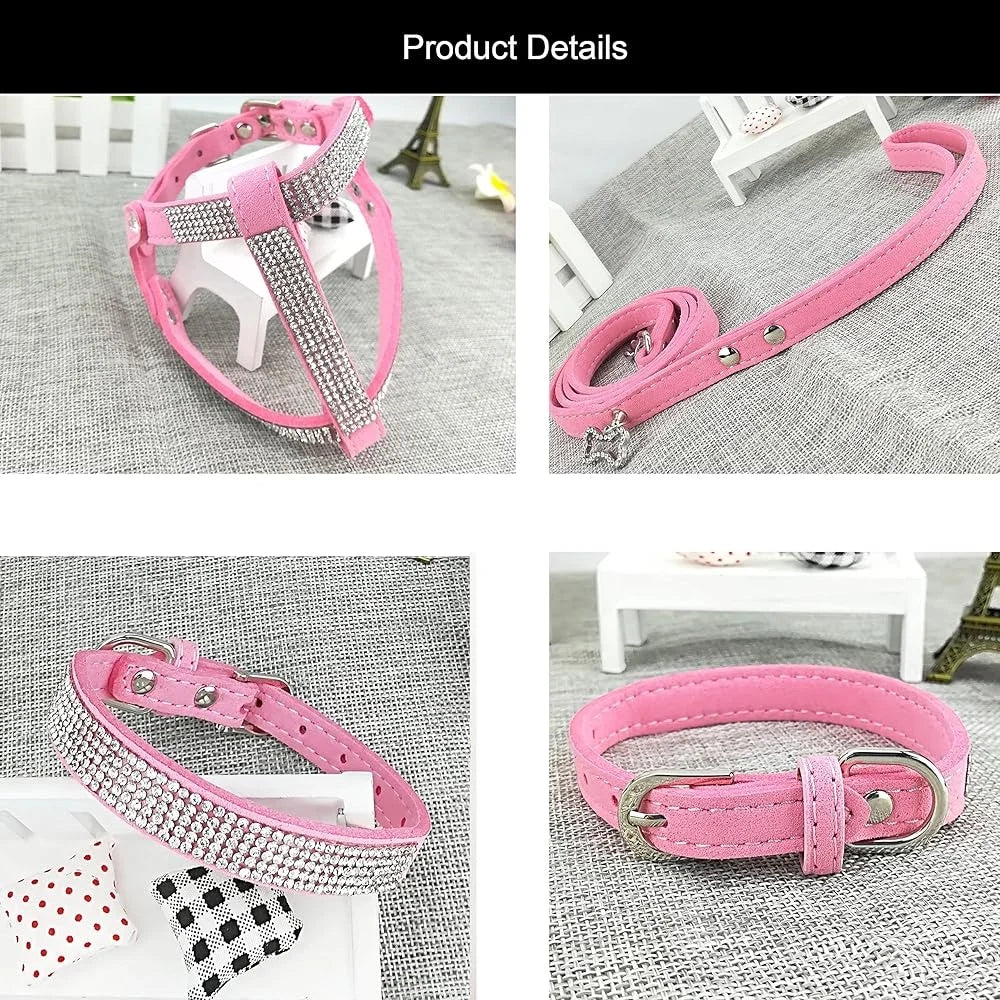 Comfortable Soft Dog Collar and Harness Set with Leash Stylish Diamante Design for Small Pets Training and Outdoor Activity