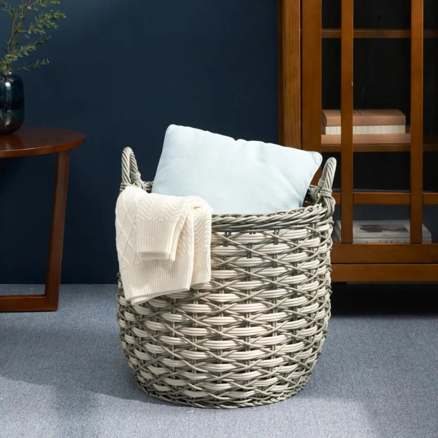 Zita Round Resin Woven Wicker Multi Use Storage Basket with Handles 18 Inch x 18 Inch x 19.6 Inch White Gray for Towel Toys Magazines
