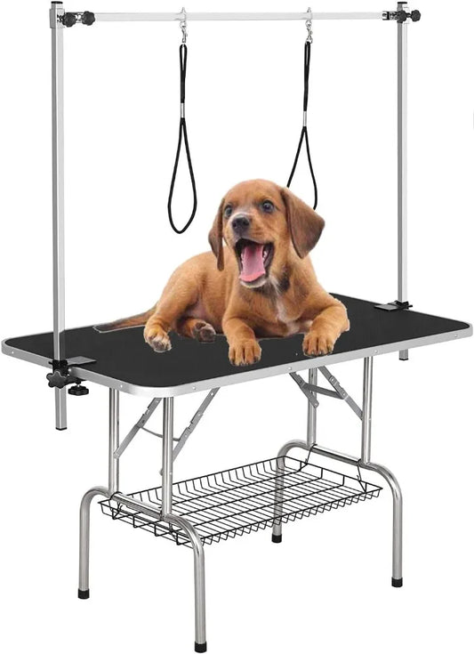 46 Inch Dog Grooming Table Foldable With Adjustable Arm And Noose, Storage Mesh Tray, Supports Up To 330 Lbs