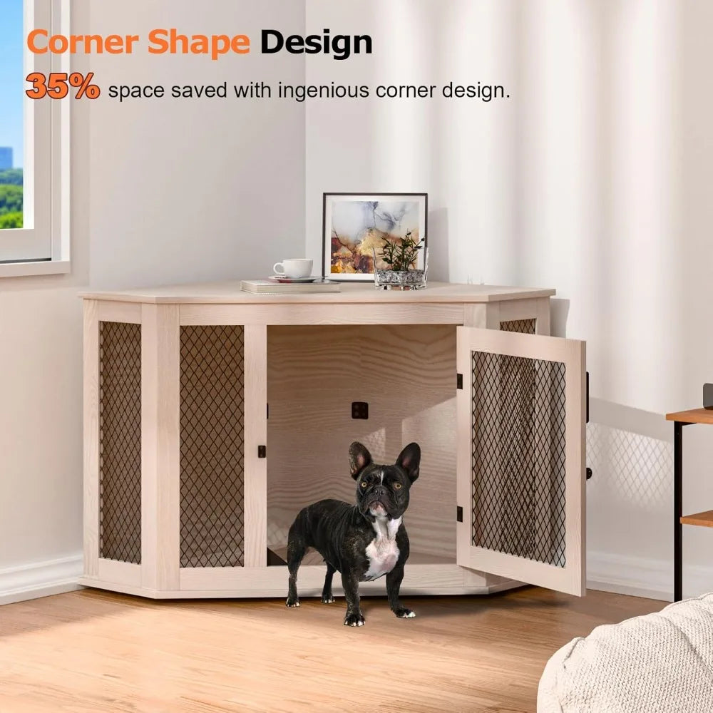 Wooden Dog Crate Furniture 44 Inch End Table With Mesh For Small To Medium Dogs Indoor Use Durable Waterproof