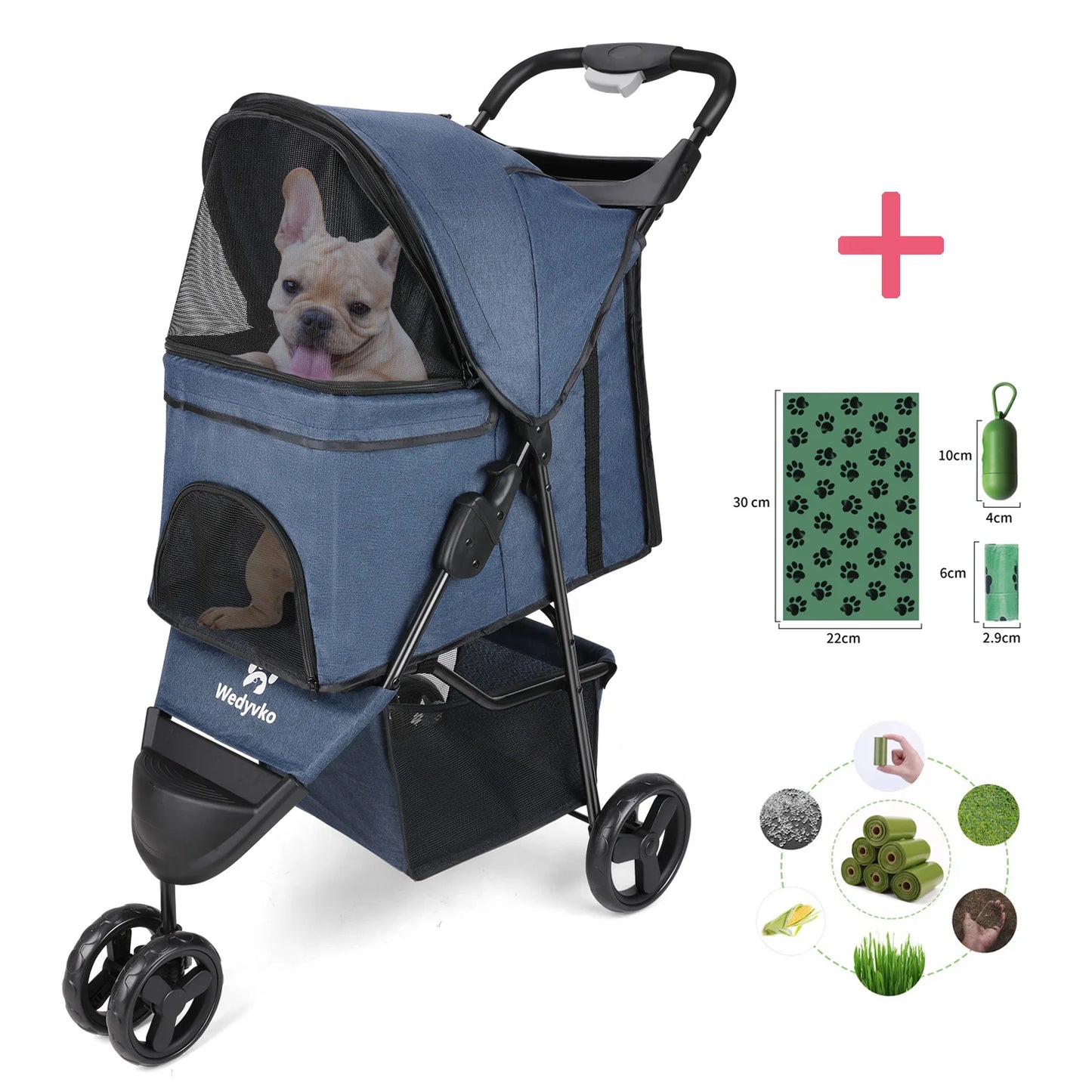 Three Wheel Foldable Pet Stroller For Dogs And Cats With Storage Basket And 360 Degree Swivel Handle