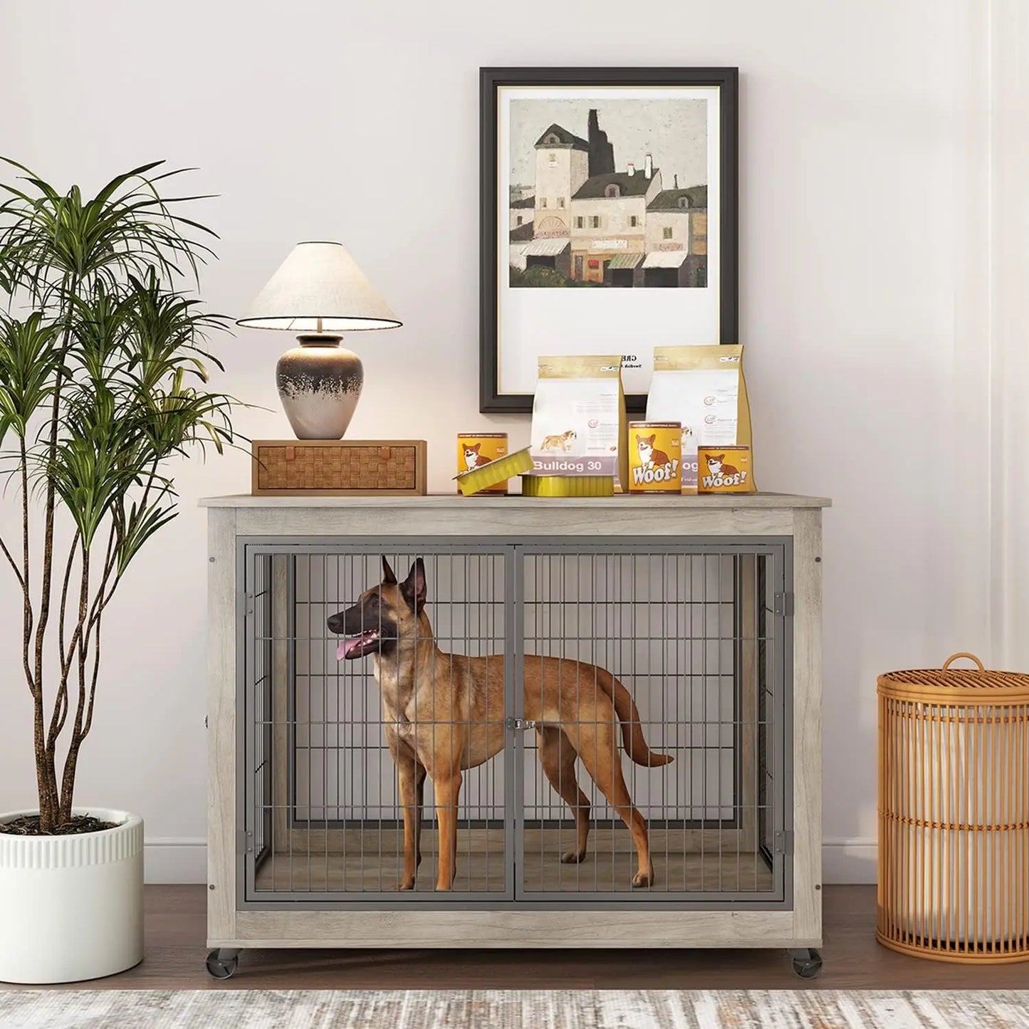 Angduo Wooden Dog Crate Table With 3 Doors Flip Up Top Opening And Wheels Decorative Pet Crate House