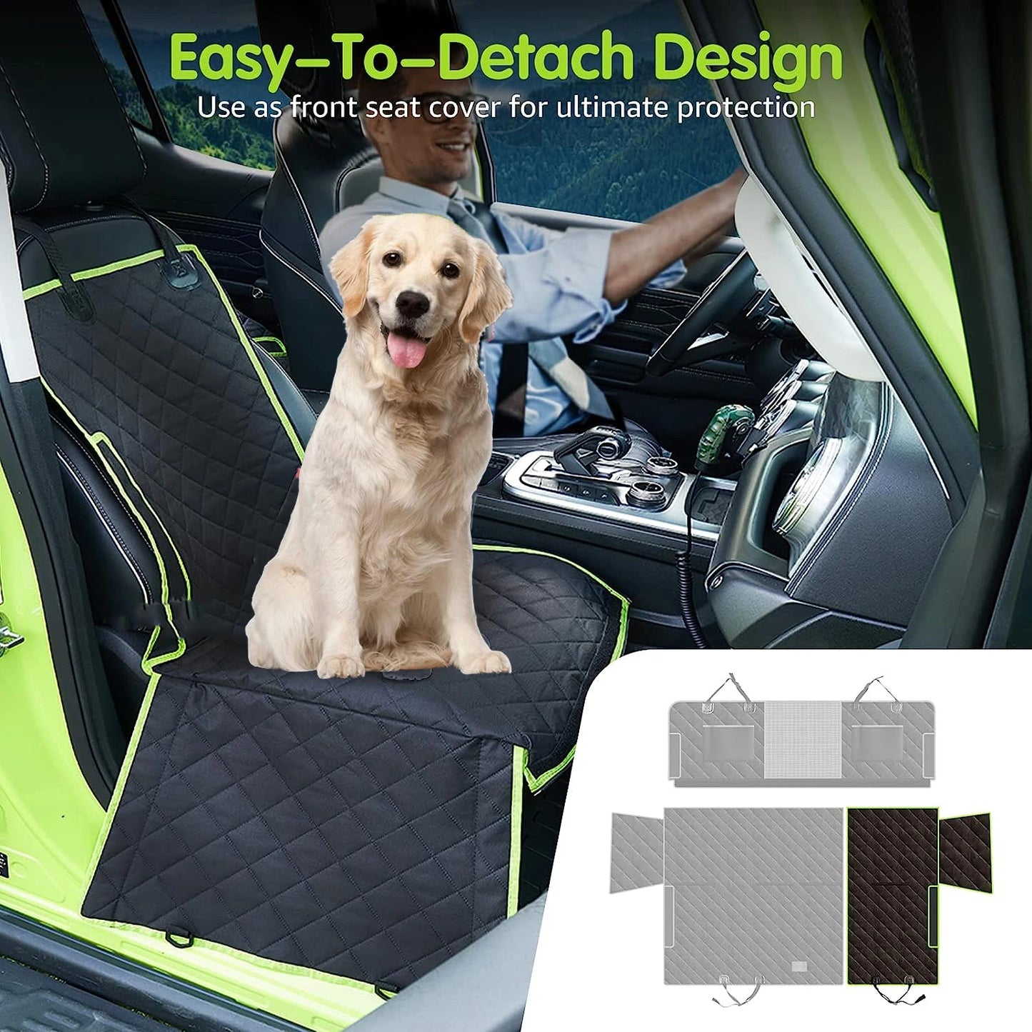6 in 1 Dog Rear Seat Car Cushion Waterproof and Stain Resistant Removable and Machine Washable Green Black