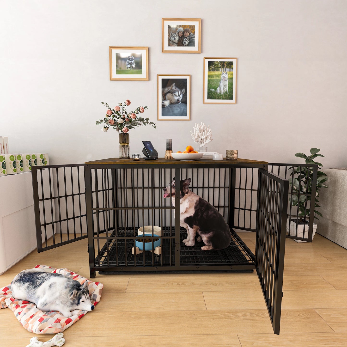 Furniture Style Extra Large Wooden Dog Cage Kennel End Side Table With Tray And 3 Doors For Medium To Large Dogs