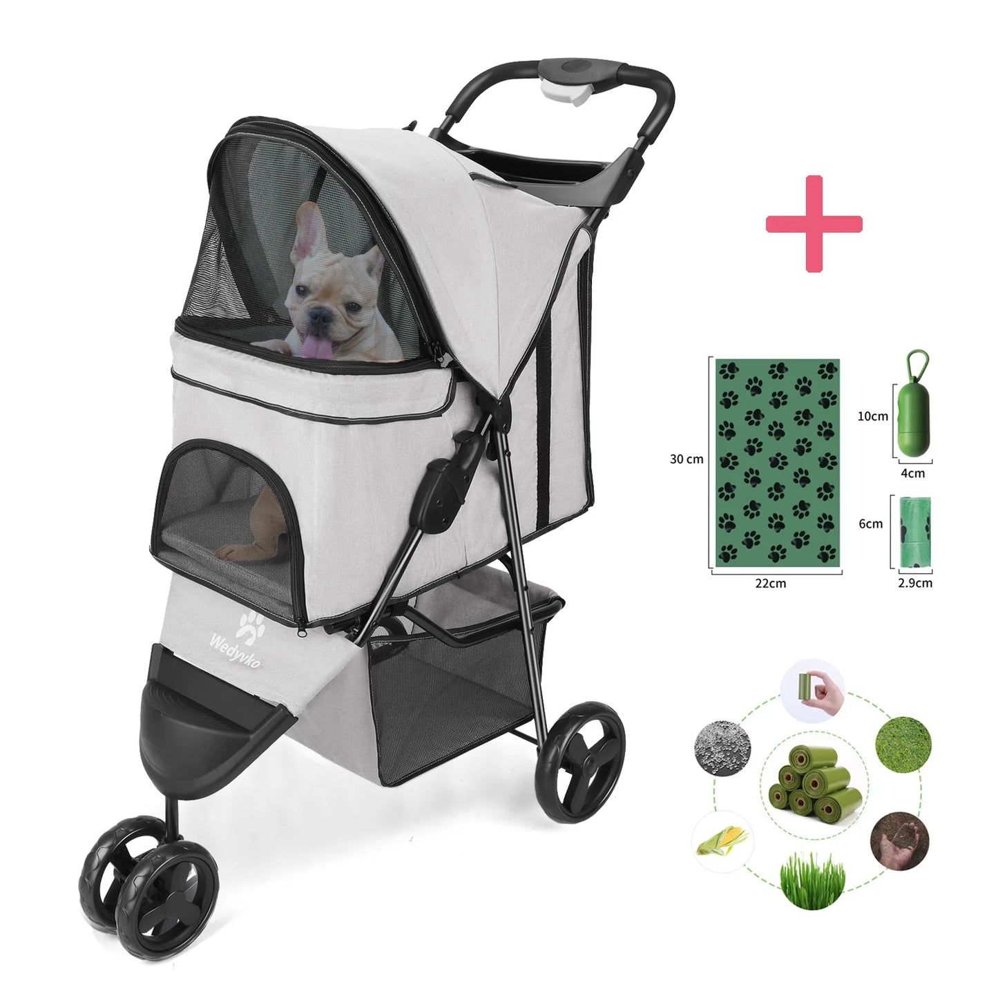 Three Wheel Foldable Pet Stroller For Dogs And Cats With Storage Basket And 360 Degree Swivel Handle