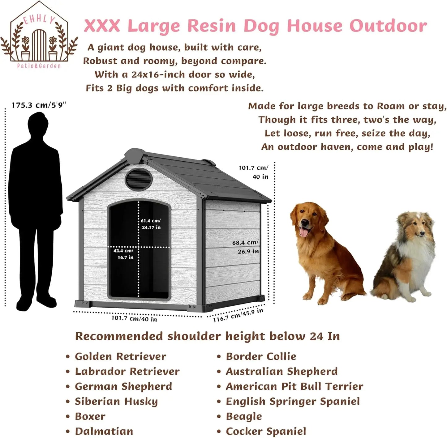 Insulated Weatherproof Dog House For Two Large Dogs Outdoor