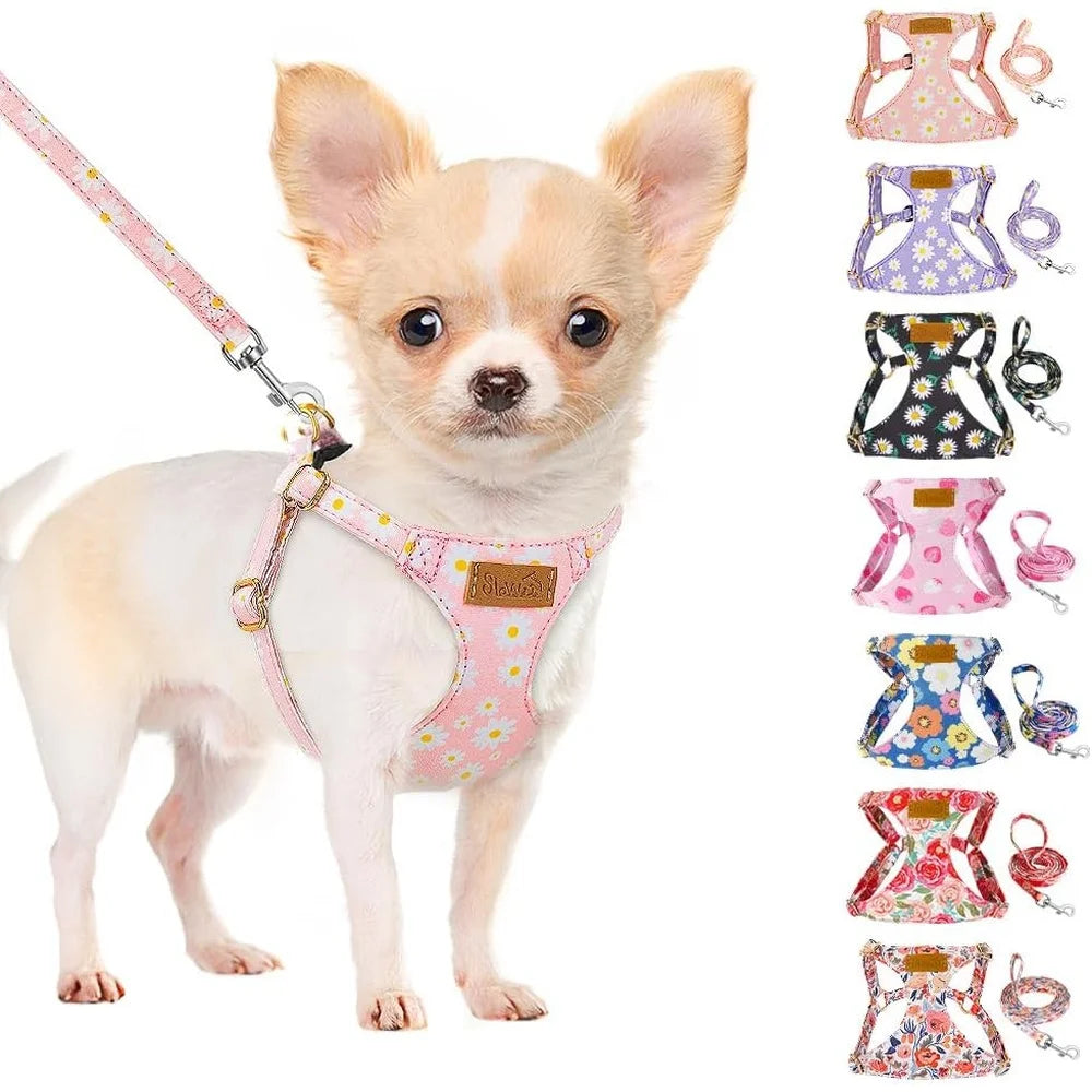 No Pull Dog Harness Adjustable Lightweight Soft Floral Pattern Pet Safety Leash Step In Design for Small Medium Dogs