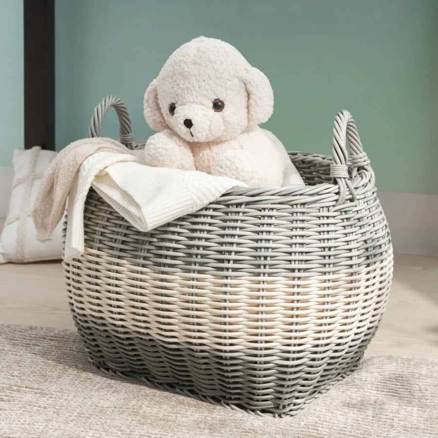 Zita Oval Resin Woven Wicker Multi Use Storage Basket with Handles 18 Inch x 15 Inch x 15 Inch White Gray for Towels Toys Magazines