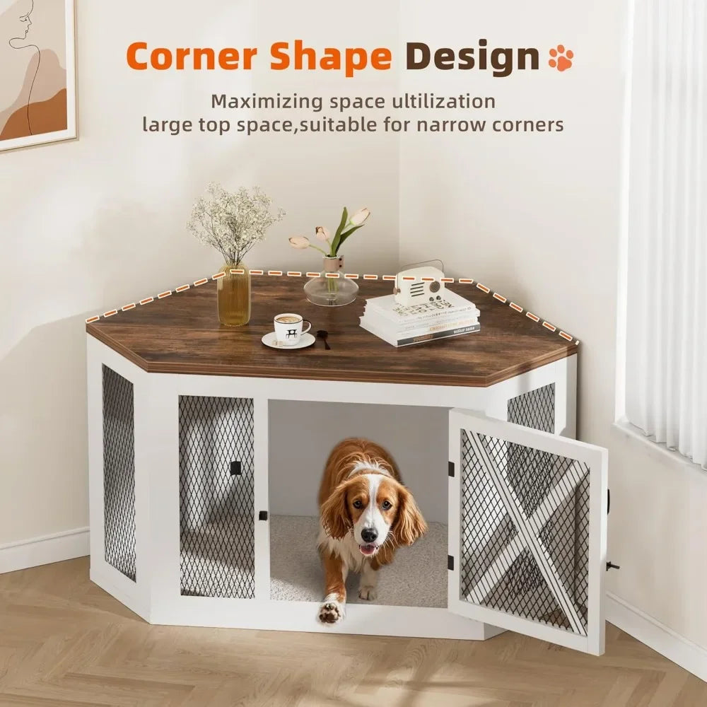 Corner Dog Crate Furniture Kennel End Table Mesh Panels