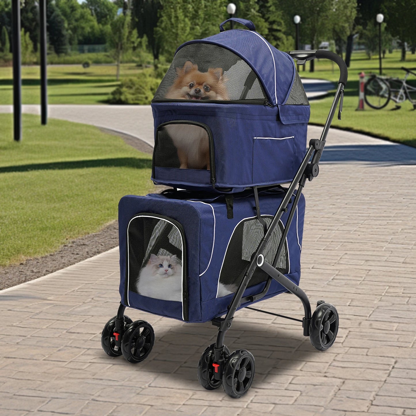 Foldable Pet Stroller For Dogs And Cats Double Carrier Travel Stroller With Storage Basket For Travel And Camping