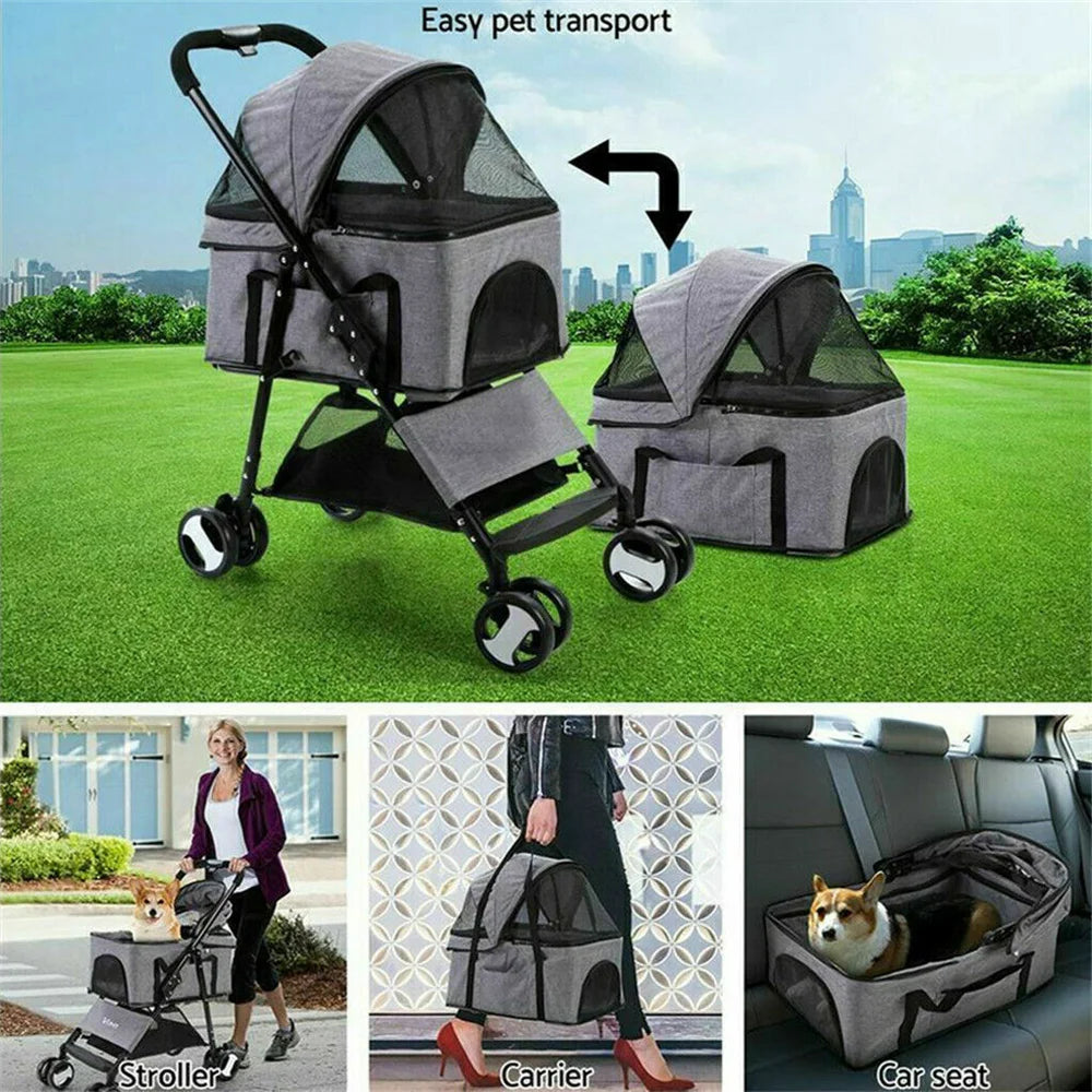 Foldable Pet Stroller Travel Carrier For Dogs And Cats With 4 Wheels And Rain Cover