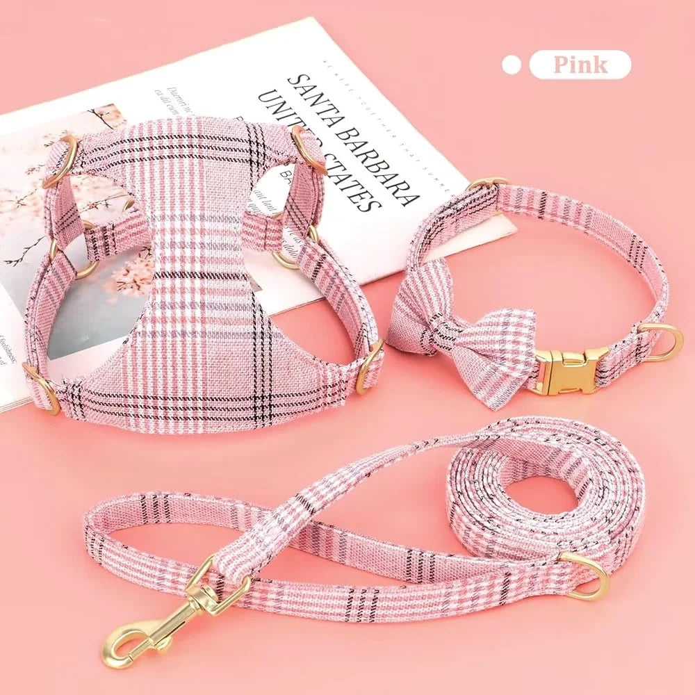 Cute Small Dog Harness Collar Leash Set Adjustable Soft Plaid Design for XS Dogs and Cats Ideal for Walks and Parties