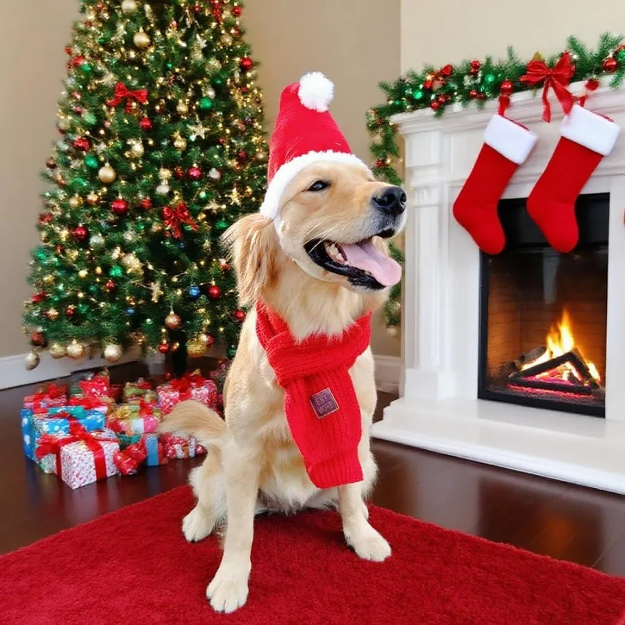 Santa Hat And Scarf Set For Medium To Large Dogs Two Piece Adjustable Christmas Costume