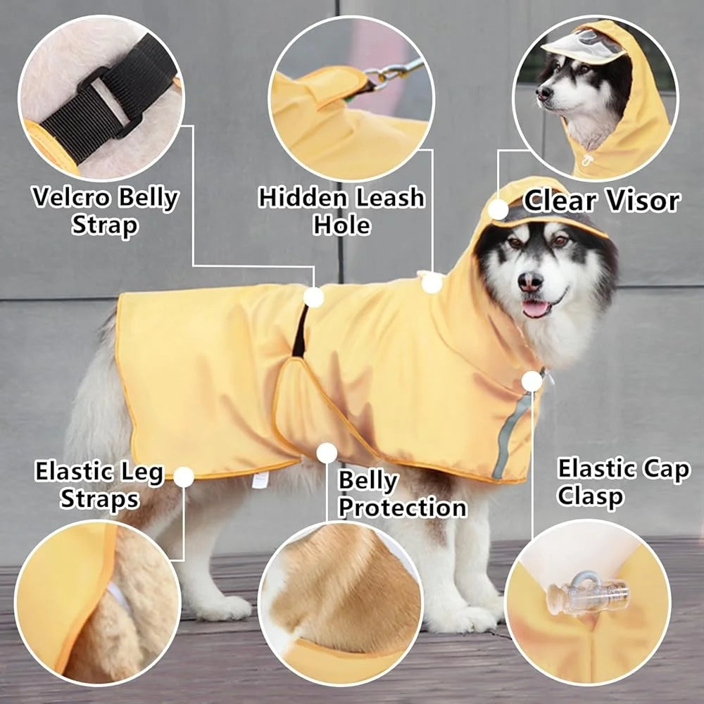 Hooded Reflective Dog Raincoat Waterproof Pet Jacket With Adjustable Belly Strap Leash Hole For Outdoor Activities