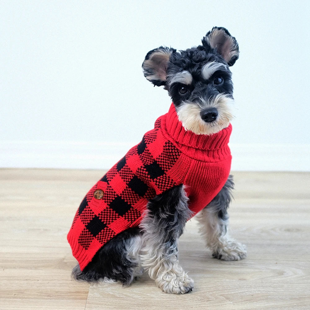Plaid Pet Dog Sweaters Turtleneck Knitted Winter Coat