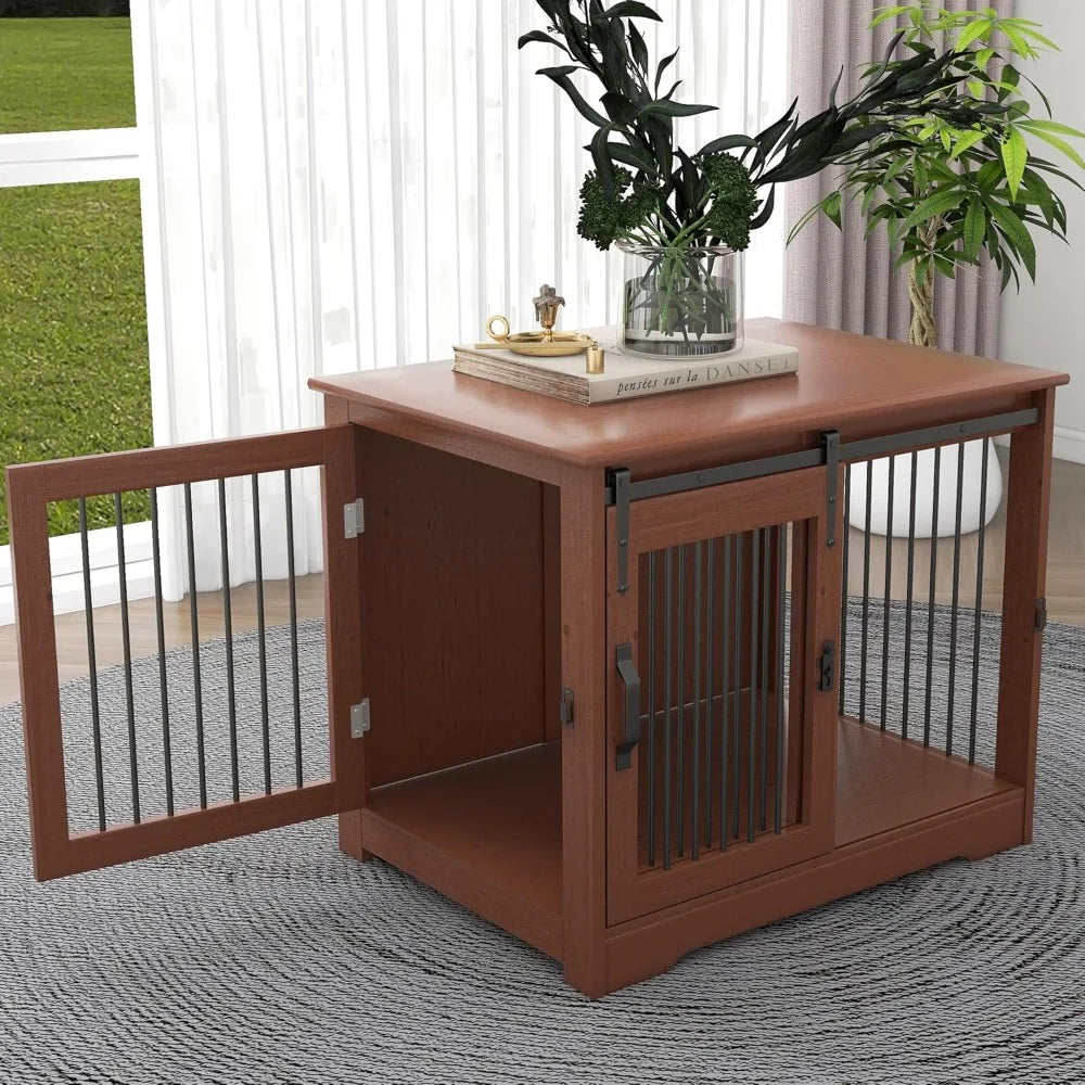 Solid Wood Farmhouse Style Dog Crate With Dual Door Access For Medium Dogs Indoor Kennel