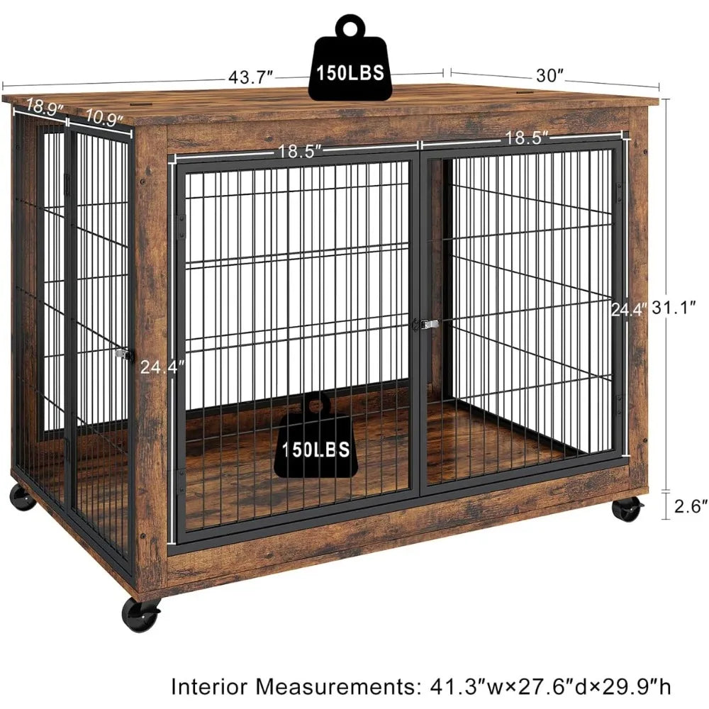 Angduo Wooden Dog Crate Table With 3 Doors Flip Up Top Opening And Wheels Decorative Pet Crate House