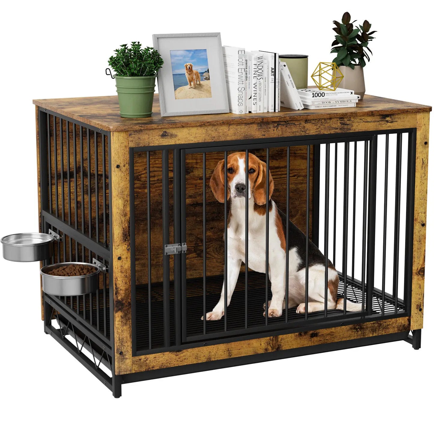 Wooden Dog Crate Furniture With 360 Rotatable Removable Bowls End Table Tray Double Doors Kennels For Medium Indoor Dogs