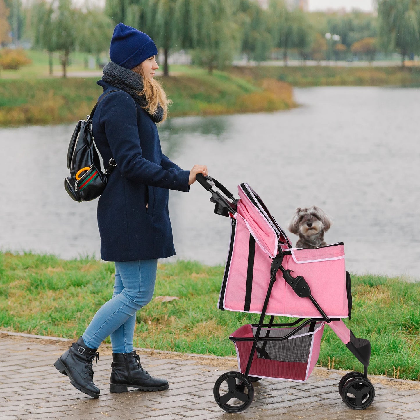 Three Wheel Foldable Pet Stroller For Dogs And Cats With Storage Basket And 360 Degree Swivel Handle