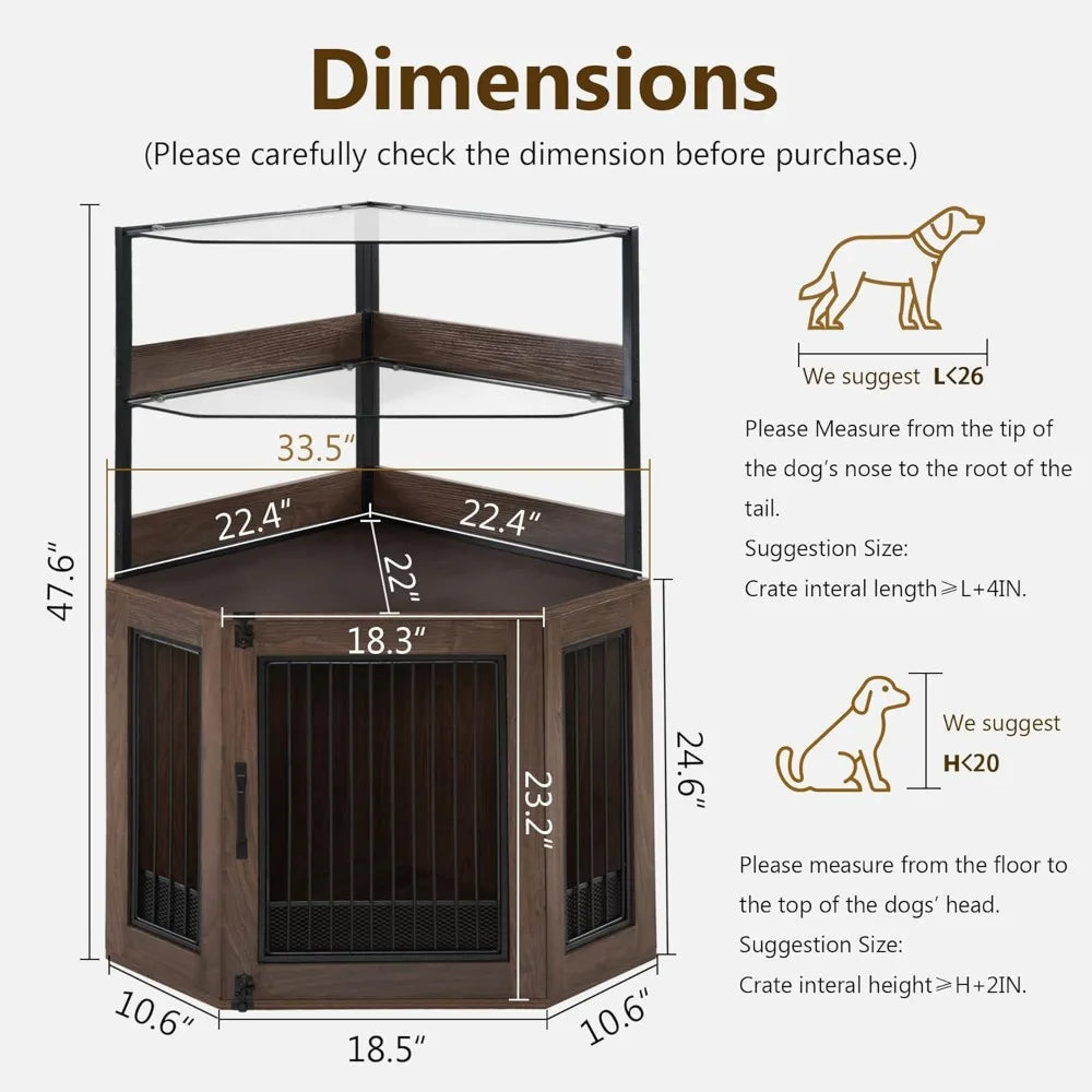 Small Corner Dog Crate Furniture with Glass Shelves Wooden Dog Kennel Indoor Use Brown