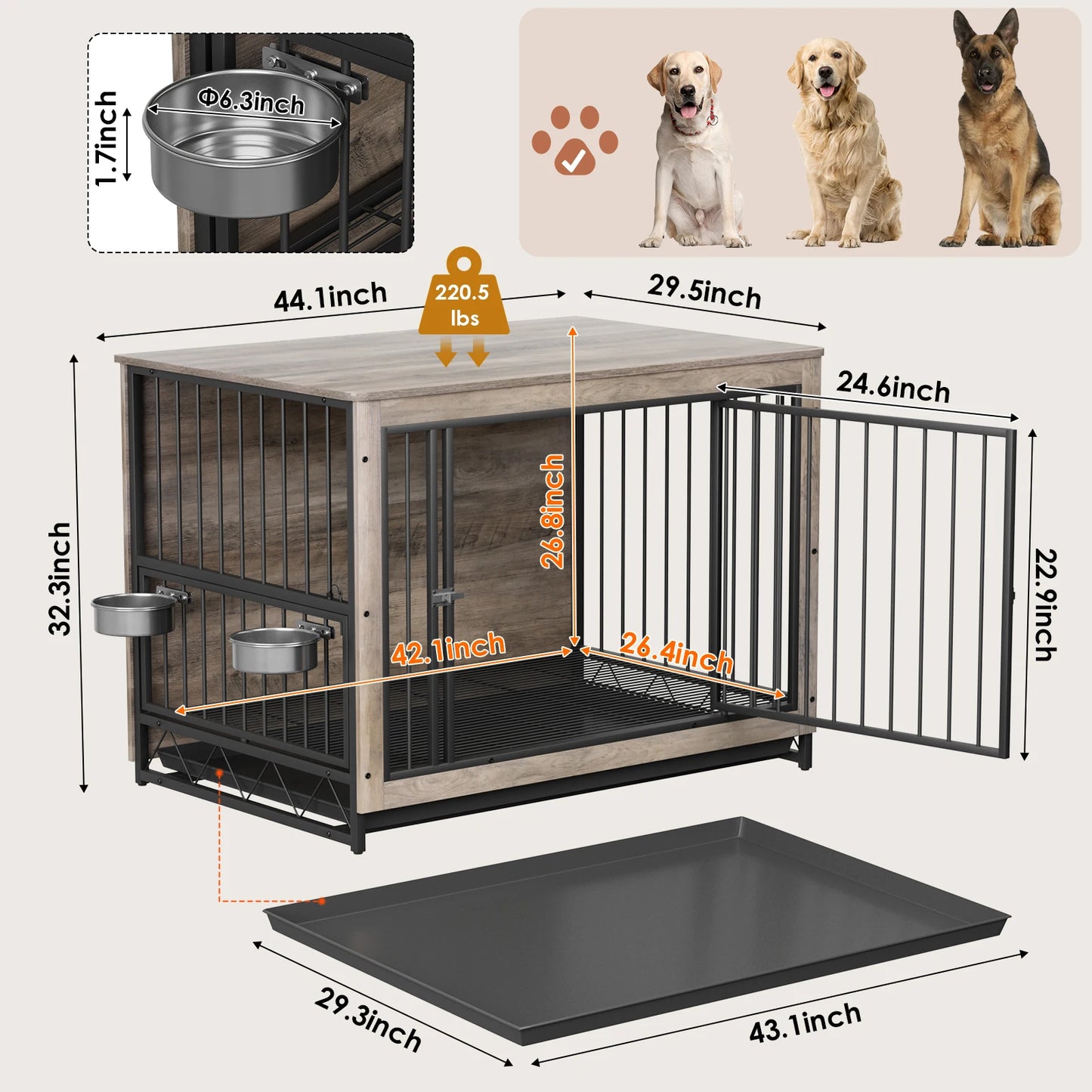 Wooden Dog Crate Furniture With 360 Rotatable Removable Bowls End Table Tray Double Doors Kennels For Medium Indoor Dogs