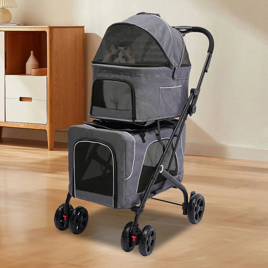 Foldable Pet Stroller For Dogs And Cats Double Carrier Travel Stroller With Storage Basket For Travel And Camping
