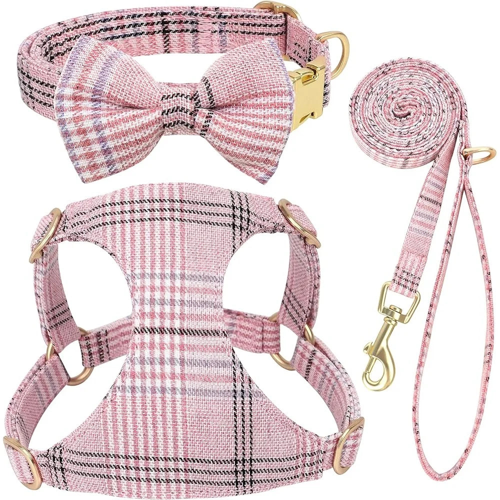 Cute Small Dog Harness Collar Leash Set Adjustable Soft Plaid Design for XS Dogs and Cats Ideal for Walks and Parties
