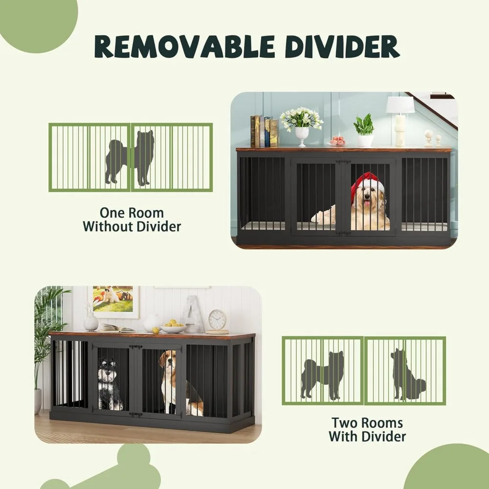 71 Inch Wooden Double Dog Crate Furniture For Large Breeds