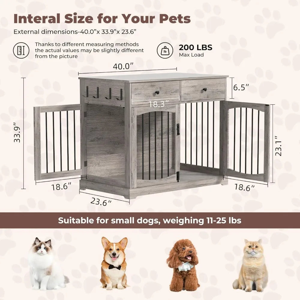 Wooden Dog Crate End Table Furniture With Storage Drawers And Double Doors Heavy Duty Kennel