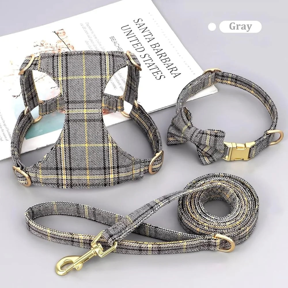 Cute Small Dog Harness Set Adjustable Soft Plaid Pet Collar Leash Bowtie for Puppies Walking Parties Comfort and Durability