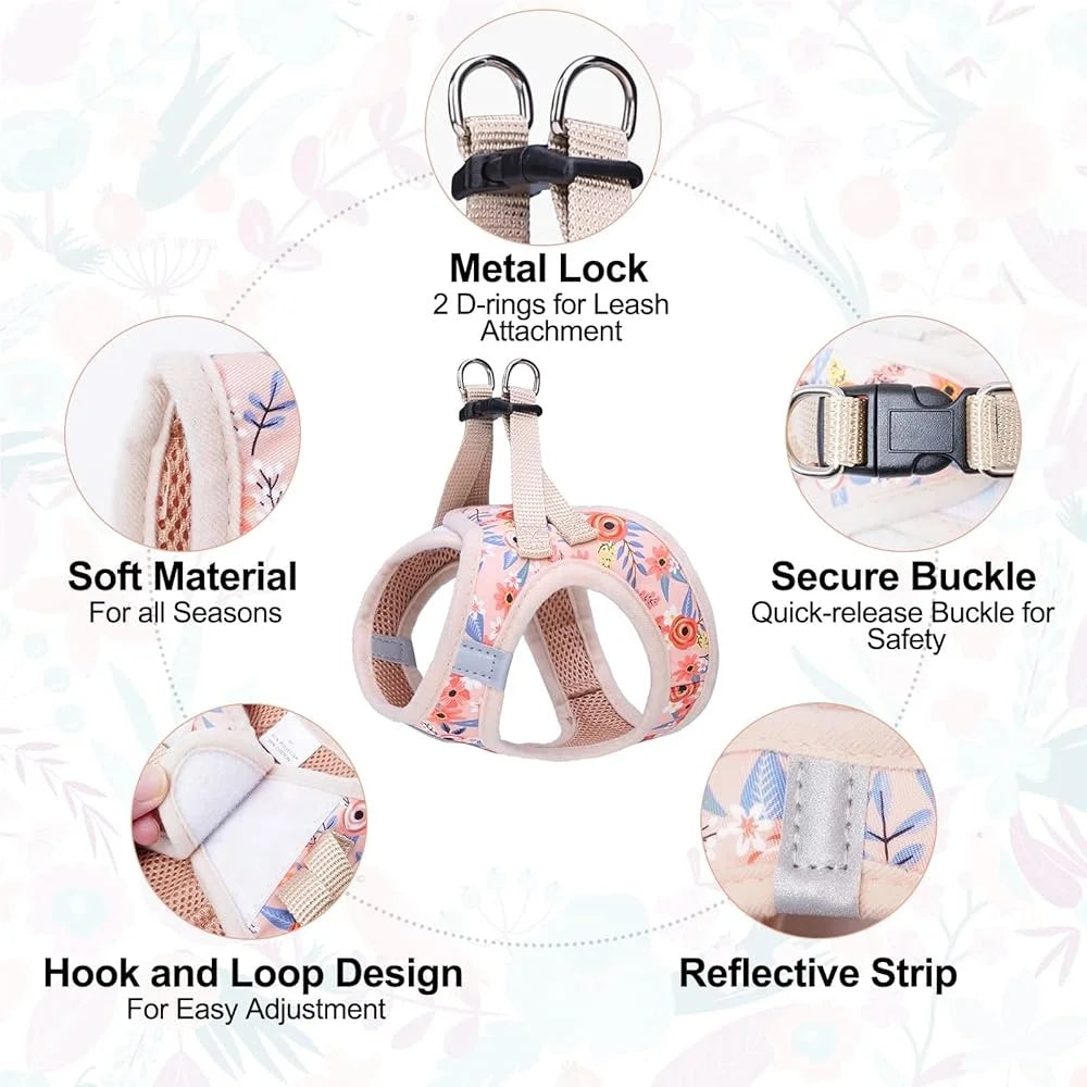 Floral Dog Harness and Leash Set No Pull No Choke Escape Proof Step In Vest with Padded Handle Lightweight Durable and Breathable for Small Dogs