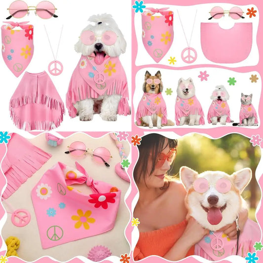 Hippie Dog Halloween Costume Set Pink Cloak Bandana Necklace