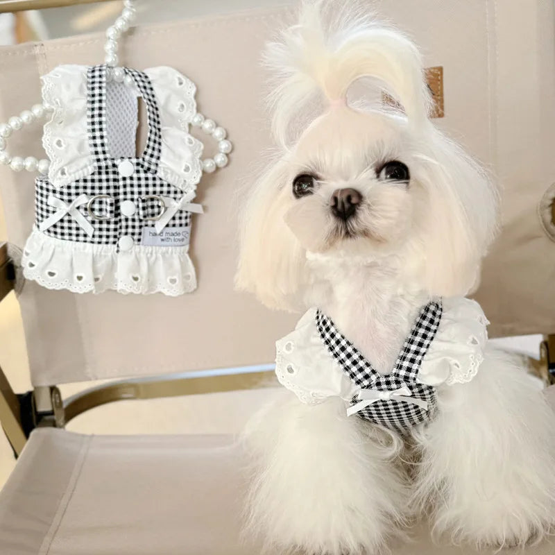 Lace Summer Clothes for Small Dogs Black Red Plaid Harness