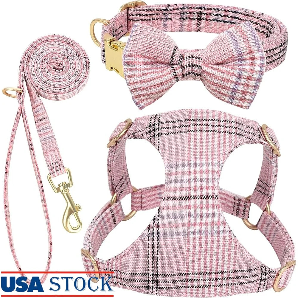 Cute Small Dog Harness Collar Leash Set Adjustable Soft Plaid Design for XS Dogs and Cats Ideal for Walks and Parties