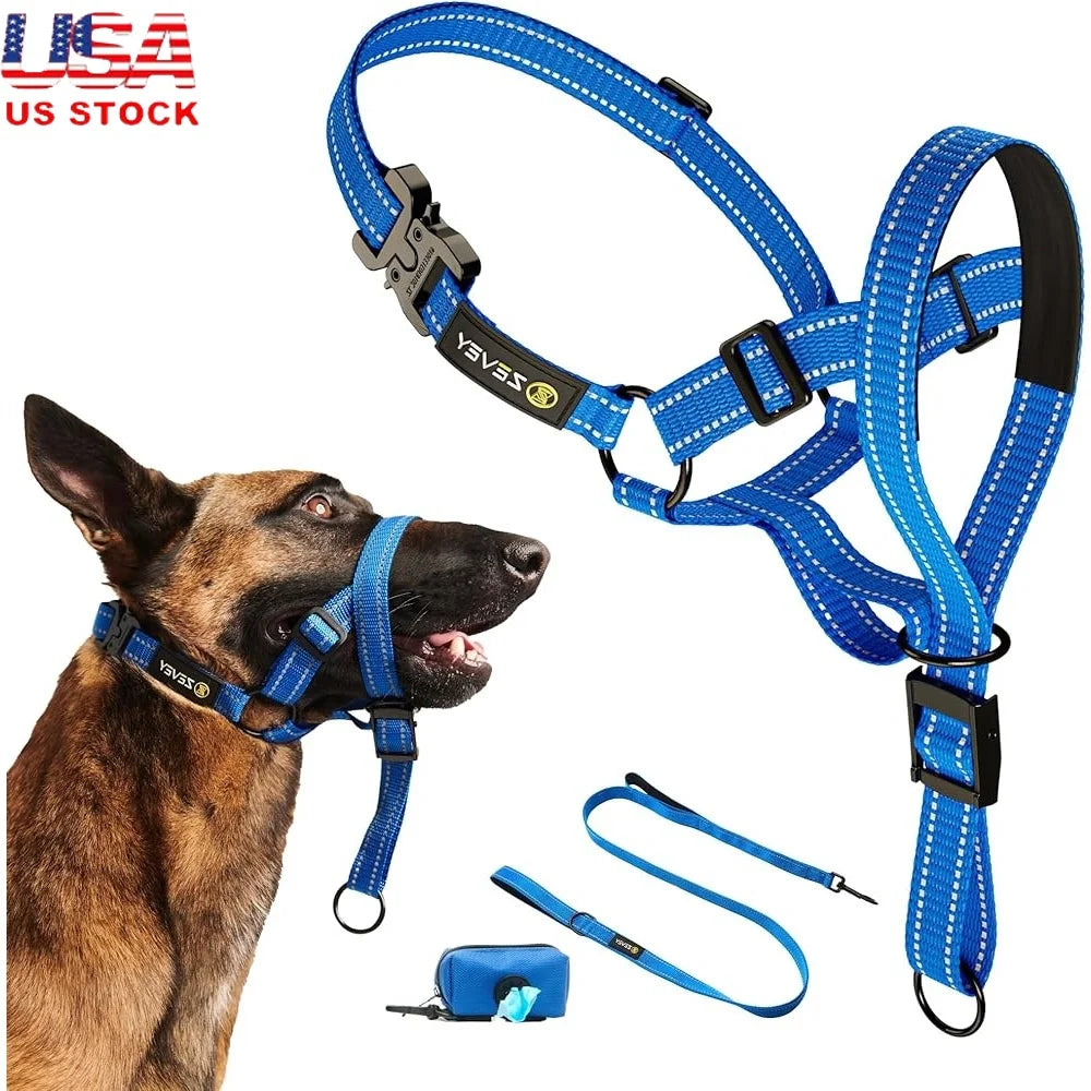 Dog Headcollar with Leash Safety Strap Adjustable Comfortable Fit Reflective Nylon Buckle Design for Dogs