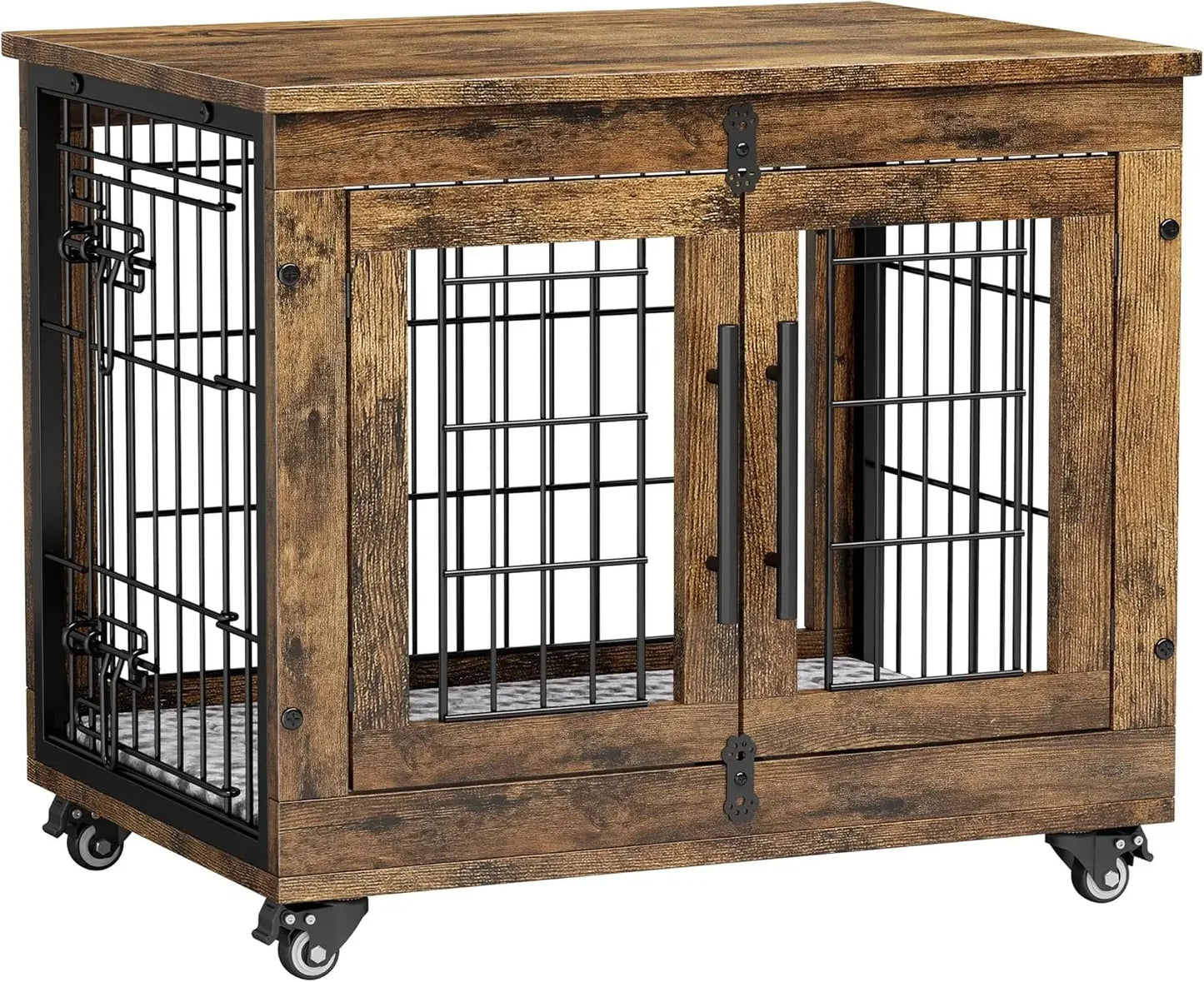 Indoor Wooden Dog Kennel With Cushion And Wheels End Table