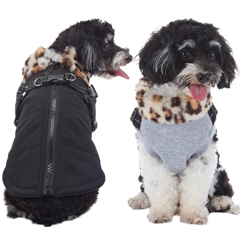 Winter Warm Dog Jacket With Harness Fur Collar For Dogs