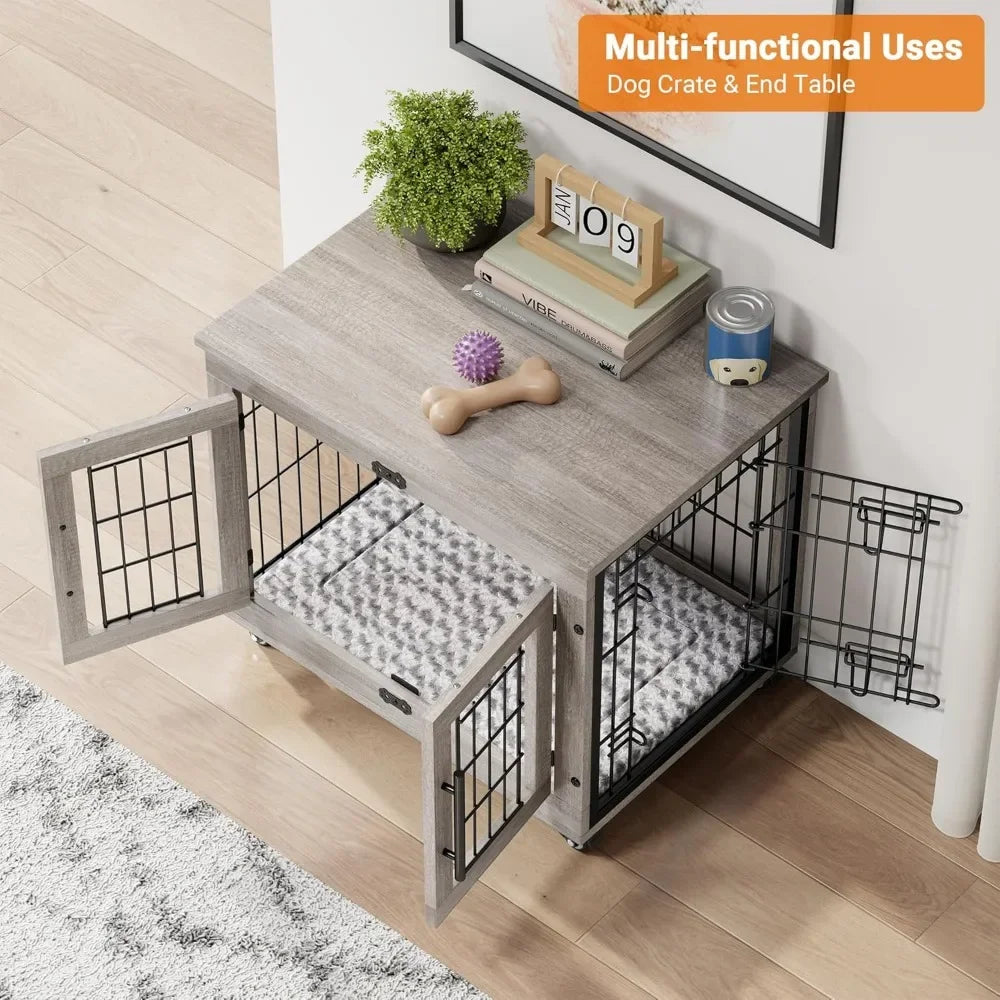 Indoor Wooden Dog Kennel With Cushion And Wheels End Table