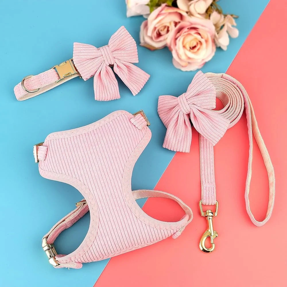Cute Adjustable Dog Vest Harness Collar Leash Set Soft Mesh Breathable Comfort Bowtie for Small Pets