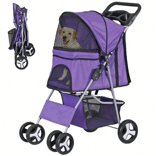 Foldable Pet Stroller 4-Wheels Dog Cat Stroller with Basket & Cup Holder Purple