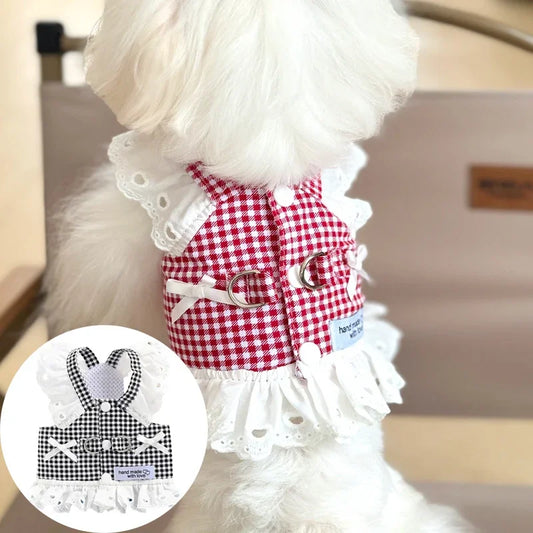 Lace Summer Clothes for Small Dogs Black Red Plaid Harness