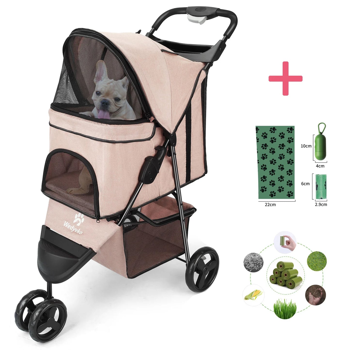 Three Wheel Foldable Pet Stroller For Dogs And Cats With Storage Basket And 360 Degree Swivel Handle