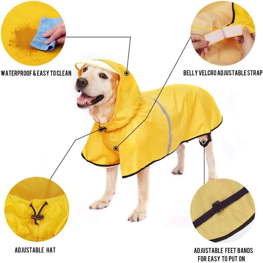 Waterproof Dog Raincoat Hooded Slicker Reflective Strip