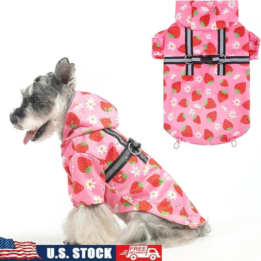 Waterproof Dog Raincoat Hooded With Built In Harness