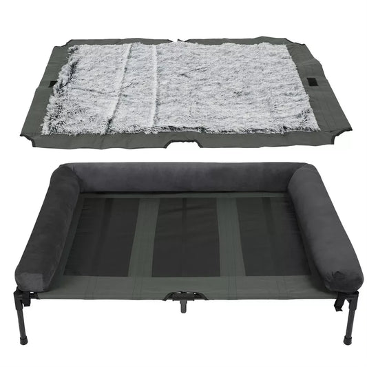 BINGOPAW Outdoor Elevated Dog Bed Cooling Raised Pet Lounger Mesh Cot Sleep Camping Bed with Detachable Plush Bolster